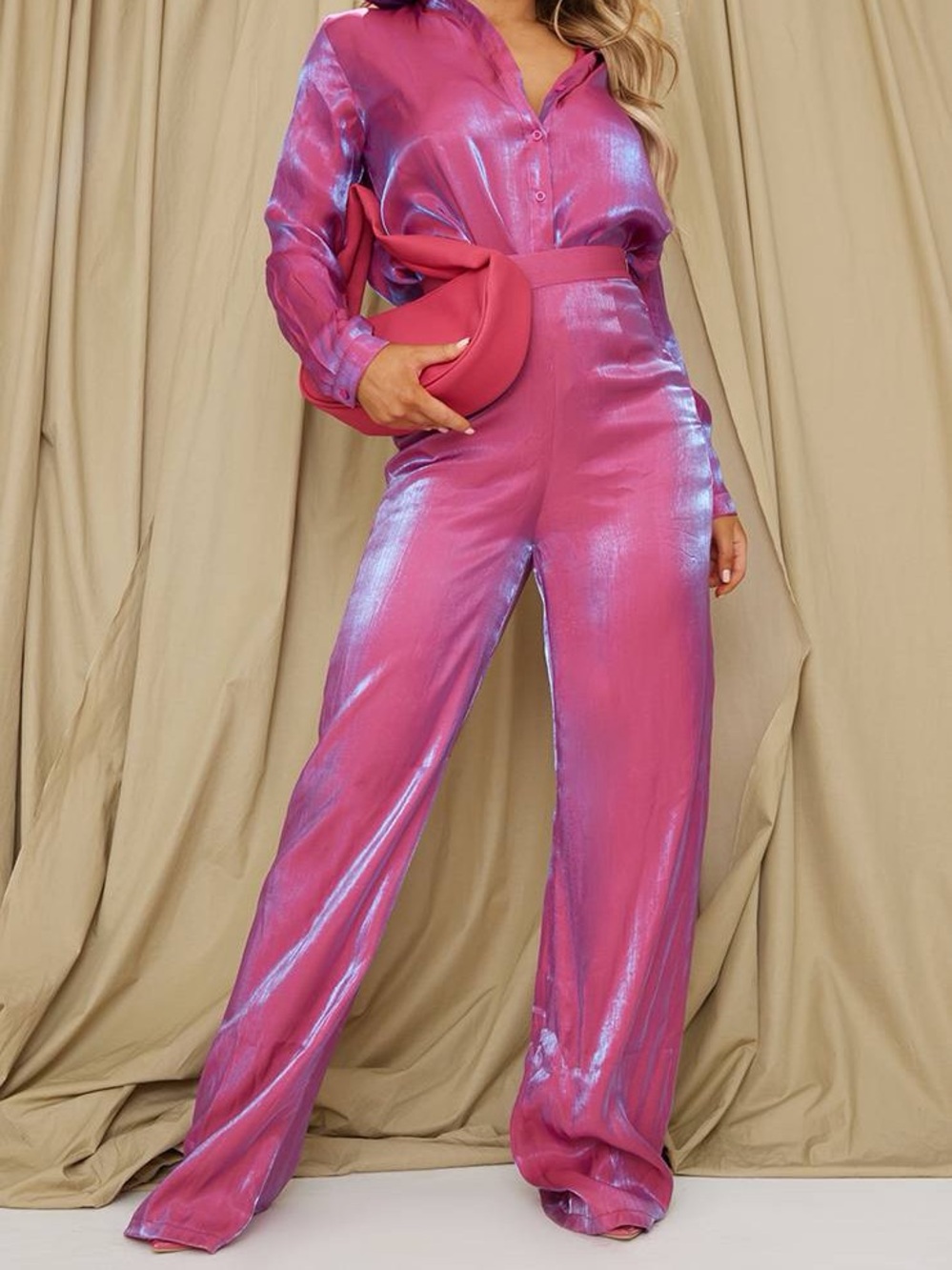 PrettyLittleThing Pink Metallic Wide Leg pant - JUST PANT. SHIRT SEPARATE